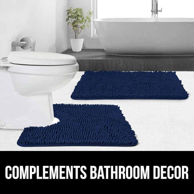 GORILLA GRIP Plush Absorbent Shaggy Chenille Bath Rug Mat for Oval Toilet Base with Rubber Backing, Machine Washable Rugs, Soft Microfiber Contour Mats for Toilets, Bathroom Decor, Navy Blu