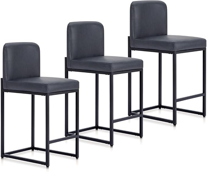 Sophia & William Blue Bar Stools Set of 3,Counter Height 24" Bar Stools, Modern Faux Leather Barstools with Back