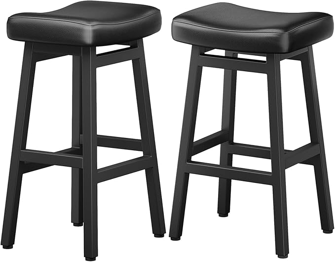 29 Inches Bar Stools Set of 2, Bar Height Barstools for Home Counter, Blackless Barstool with Bonded Leather Saddle Seats & Heavy Duty Metal Legs, Easy Assembly, All Black