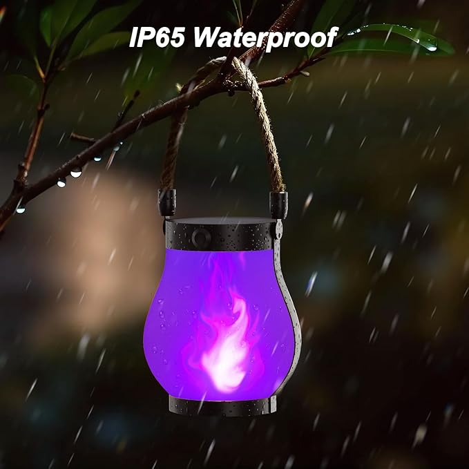 Hompavo Gen2 Solar Lanterns Outdoor Waterproof with Realistic Flickering Flame, Dual Charging (USB/Solar) & 2 Modes - Decorative Hanging/Table Lights for Patio Garden Porch Halloween Decor, 2/Purple