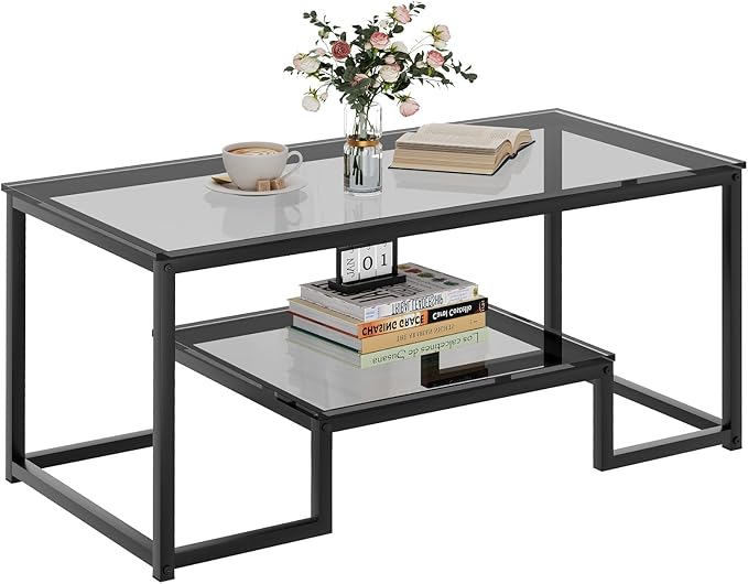 Coffee Table Grey Glass Coffee Table for Living Room,2 Tiers Rectangle Center Table with Sturdy Metal Frame,Modern Tempered Glass Accent Table for Bedroom Home Office