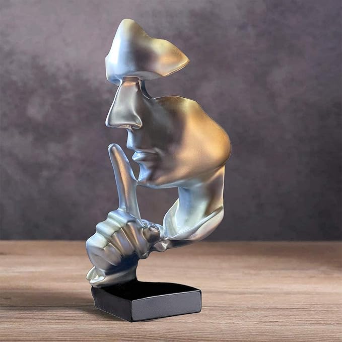 aboxoo Abstract Statues Silence is Gold Decorative Objects,Modern and Simple Resin Figurine,Desk Decoration for Office Home Piano Decor. (Silver)