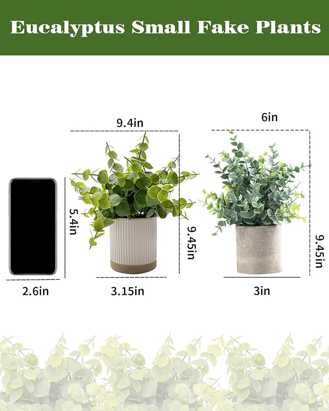 Small Fake Plants Eucalyptus Fake Potted Plants Artificial Eucalyptus Faux Greenery in Ceramic Pot for Bathroom Table Office Home Decor(Green)