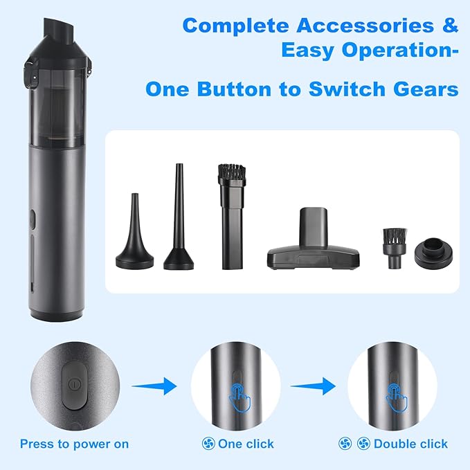 Mini Car Vacuum Cleaner, USB Charging, 4-in-1 Portable Handheld Cordless Vacuum Cleaner, 16,000pa Suction, 2 Suction Modes for Car, Home and Pet Hair