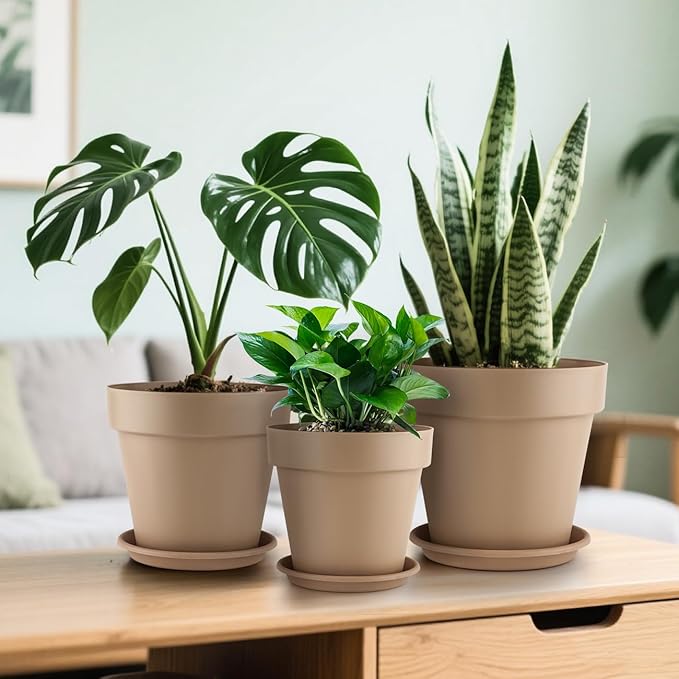 3-Pack 8/9/10 Inch Plastic Plant Pots with Saucers – Durable BPA-Free Planters with 21 Drainage Holes, Bottom Watering Design for Indoor & Outdoor Use, Succulents, Herbs, Flowers – Khaki