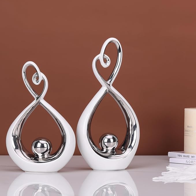 Silver Decor Accent, Porcelain Art Mid Century Modern Silver and Gold Decorations, Dining Table Objects, Abstract Ceramic Statue Sculpture - for Bookshelf Tv Stand Centerpiece Centro De Mesa