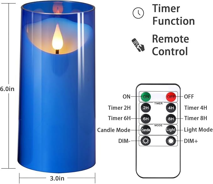 NURADA 3"x6"Flickering Flameless Candles: 3D Wick Acrylic Battery Operated LED Pillar Battery Candles with Remote and Timer for Decoration Wedding Party - 2 Pack Blue