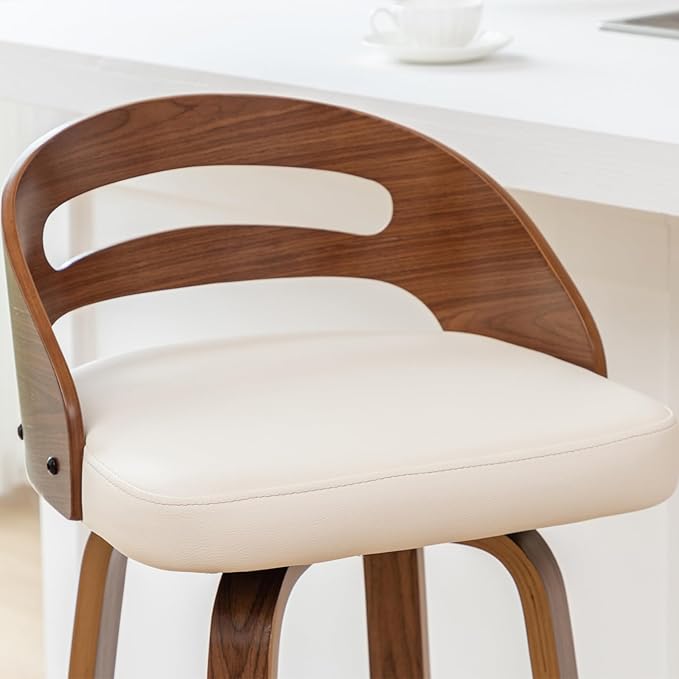 Bar Stools Set of 2, Swivel Bar Stools with Walnut Craftsmanship, Bentwood Curved Back, Upholstered Faux Leather, Soft Cushion Seat, Mid Century BarStools for Bar/Pub/Cafe (Beige, 30" Seat Height)