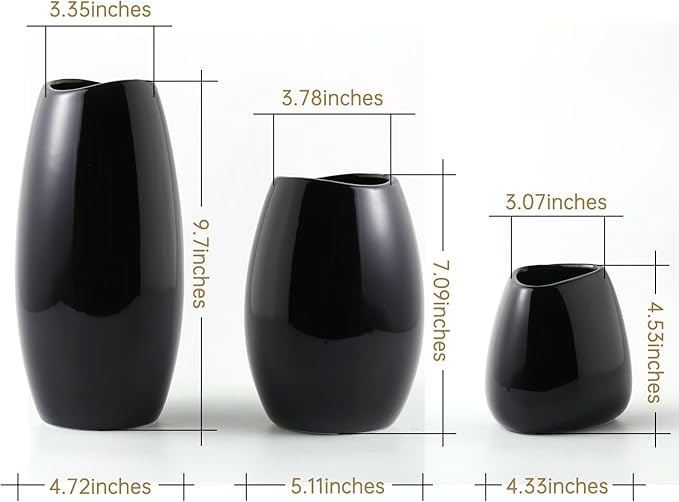 hjn Ceramic Vase Set of 3 Black Flower Vase for Home Decor, Modern Decorative Vase for Flowers/Ideal Shelf Decor/Table/Living Room/Kitchen/Office-Black