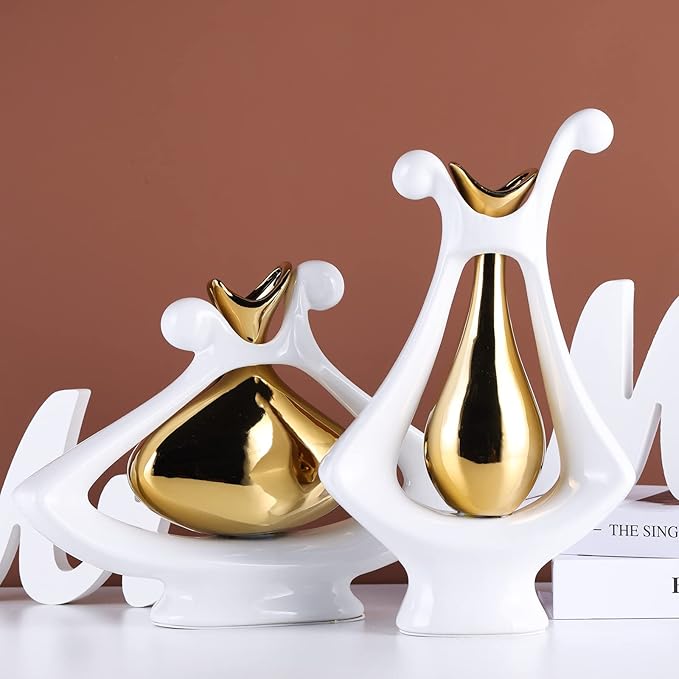 White Gold Abstract Art Ceramic Vases for Home Décor Accent,Nordic Modern Minimalist Vases for Flowers,Shelf,Table Centerpieces,Bookshelf,Fireplace Mantle,Rustic,Wedding,Mid Century Décor