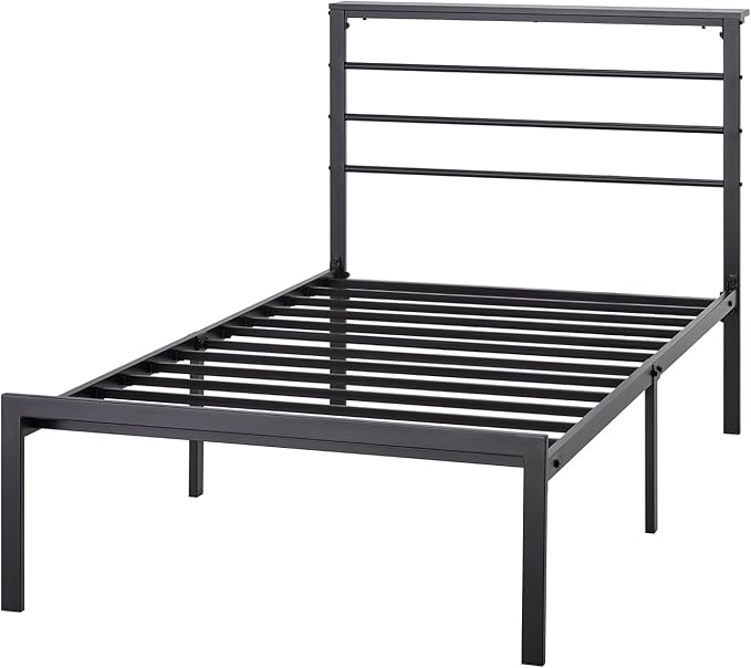 MUTICOR Twin Size Metal Platform Bed Frame with Shelf Headboard, No Box Spring Needed, Easy Assembly, Black Shelf
