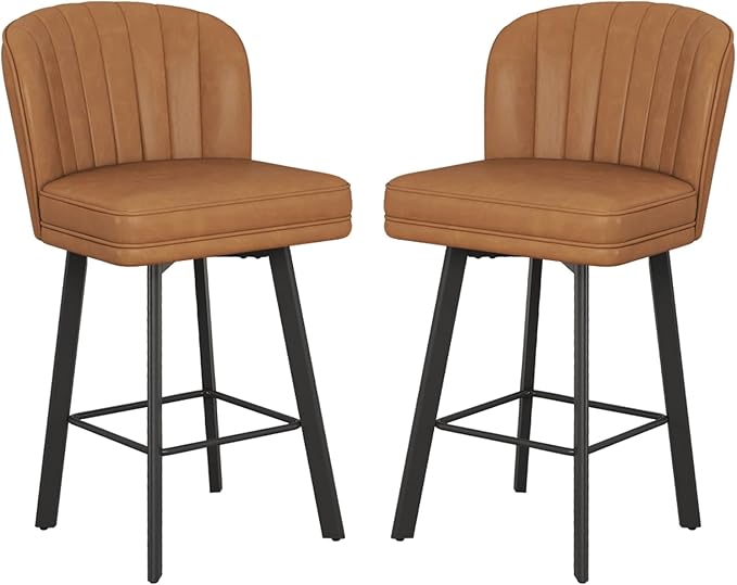 Swivel Counter Height Bar Stools Set of 2, 26'' Modern Barstools with Backs and Metal Legs, Upholstered Bar Chairs, Faux Leather Whiskey Brown Stools for Kitchen Island Chairs