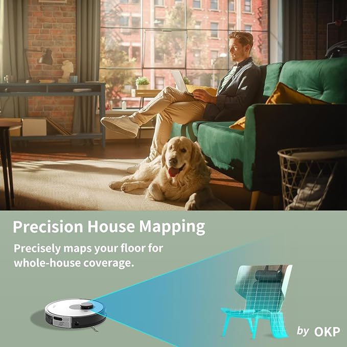 OKP Lidar Robot Vacuum Cleaner, LiDAR Navigation, 4000Pa Suction, No-Go Zone, 200Mins Runtime, Smart Mapping Robotic Vacuum, Wi-Fi/App/Alexa Control, Ideal for Pet Hair, Hard Floor and Carpet