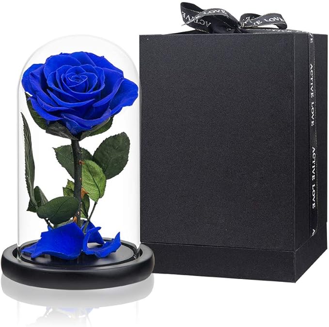 Preserved Roses Royal Blue Roses in Glass Dome, Medium, Preserved Flowers for Women