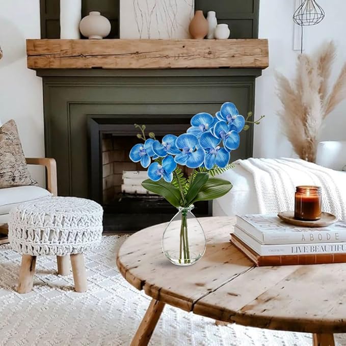 Blue Orchids Artificial Flowers, Faux Orchid in Glass Vase Real Touch Small Phalaenopsis Orchid Flowers Arrangements with Clear Vase Orchid Centerpiece for Dining Room Table