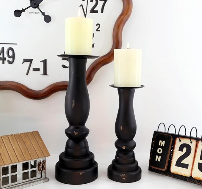 Black Worn Pillar Candle Holder - Rustic Wooden Farmhouse Candlestick Holders for - 2 Piece Set