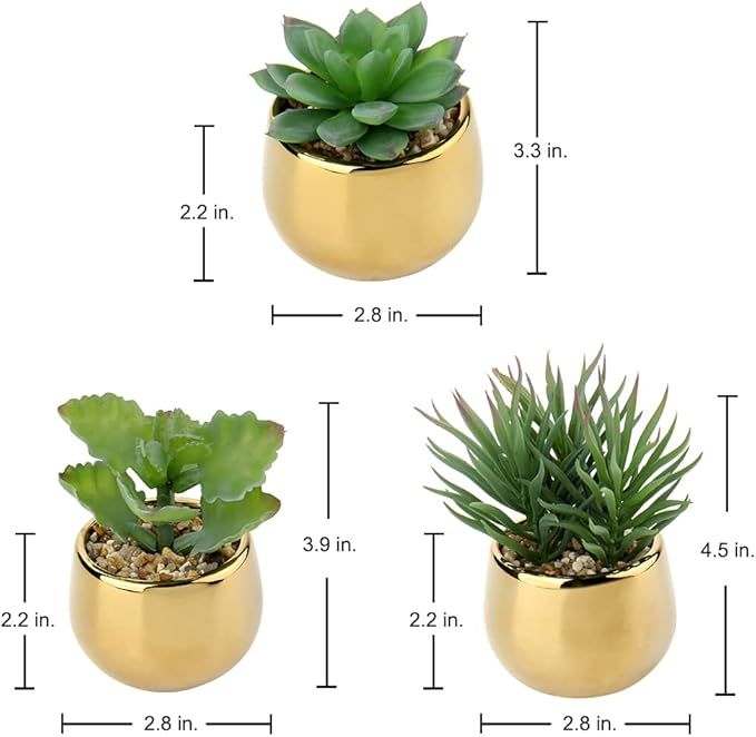 Briful Small Artificial Succulents in Pots Set of 3 Realistic Faux Succulents Plants with Gold Ceramic Pots Cute Mini Fake Plants Decor for Modern Home Table Office Desk Bathroom Shelf Decoration