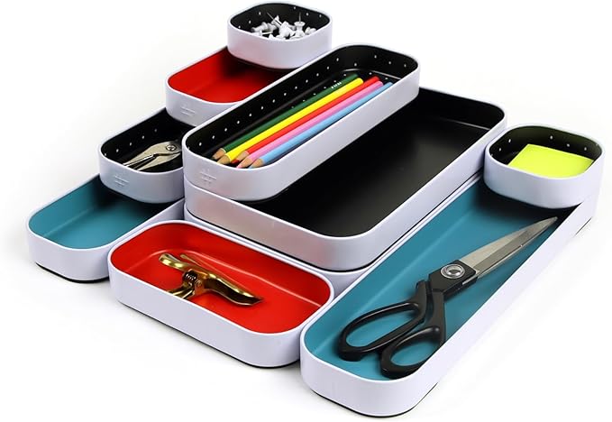 Three by Three Seattle 10 Piece Metal Organizer Tray Set for Storing Makeup, Stationery, Utensils, and More in Office Desk, Kitchen and Bathroom Drawers (1 Inch, Blue Black Red and Dots)