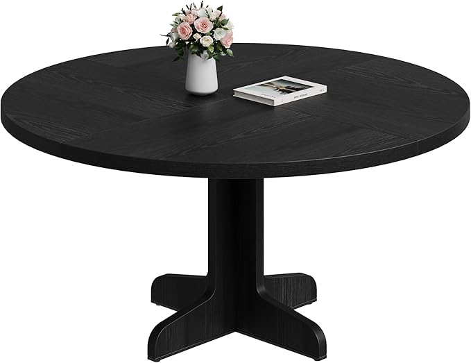 IDEALHOUSE Round Dining Table for 4, 47 Inches Dining Room Table with Wooden Base, Circle Kitchen Dinner Table for Dining Room, Kitchen, Living Room (Table Only), Black