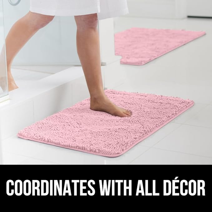 GORILLA GRIP Bath Rug Mat 44x26, Soft Absorbent Chenille, Quick Dry Microfiber Mats, Rubber Backing Washable Shower Floor Rugs, Bathmat Runner, US Designed Bathroom Home Decor Accessories Light Pink