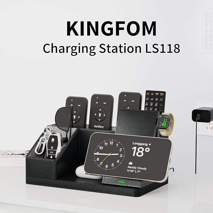 KINGFOM Leather Desk Organizer with Charging Station Multi-Functional Phone Pen Pencil Holder for Desk Desk Organizers and Accessories for Office Home Supplies (L)