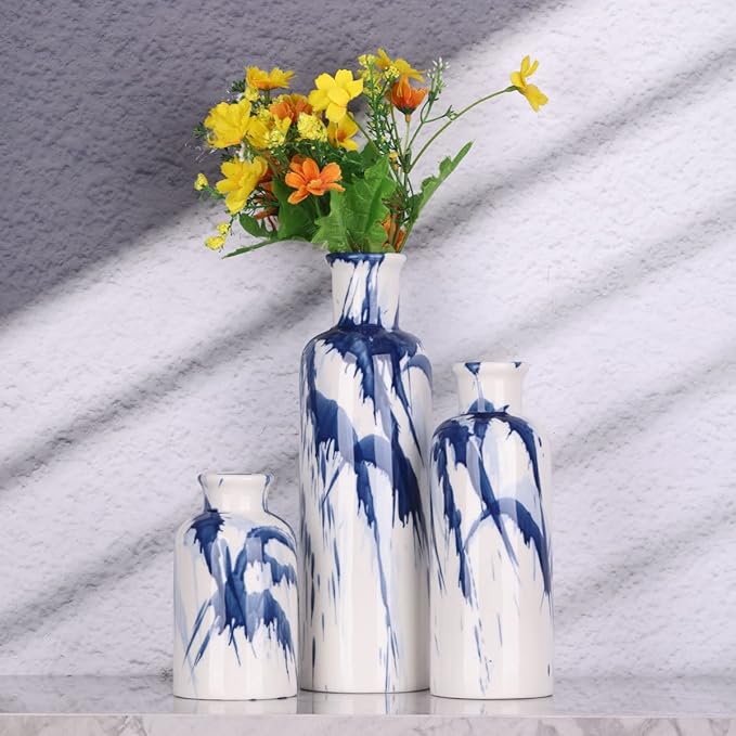 Blue Ceramic Vase Set of 3 - Decorative Navy Blue and White Vase for Centerpieces, Farmhouse and Home Decor - Ideal for Living Room, Kitchen, Bedroom, Dining Table and Office Decor