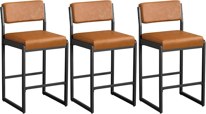 Mid Century Modern Counter Height Bar Stools Set of 3, 26" Bar Height Chairs with Backs, Upholstered Counter Stools, Metal Barstools for Kitchen Island (Brown- Faux Leather, 26"H - Set of 3)