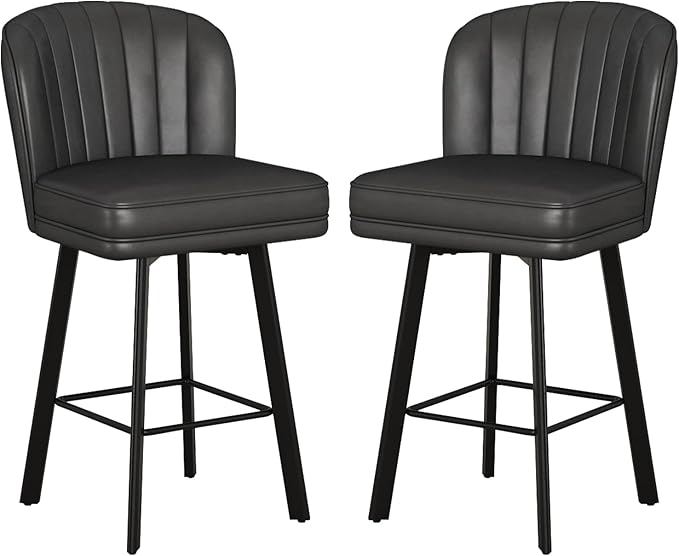 Swivel Counter Height Bar Stools Set of 2, 26'' Modern Barstools with Backs and Metal Legs, Upholstered Bar Chairs, Faux Leather Black Stools for Kitchen Island Chairs