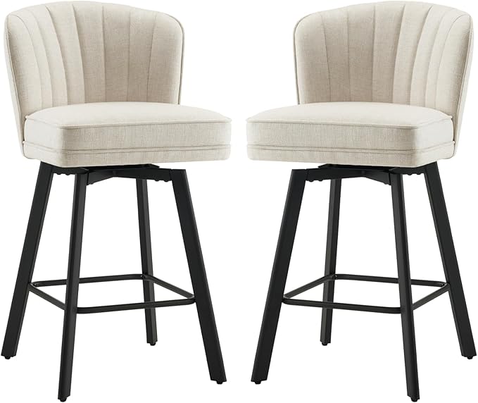 Swivel Counter Height Bar Stools Set of 2, 26'' Modern Barstools with Backs and Metal Legs, Upholstered Bar Chairs, Beige, Fabric Stools for Kitchen Island Chairs