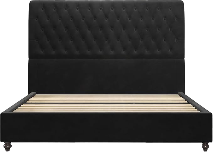 Jocisland Queen Bed Frame with 53" Tall Headboard, Velvet Upholstered Platform Sleigh Bed with Button Tufted, Solid Wood Legs, No Box Spring Needed, Easy Assembly, Black