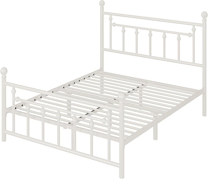 Allewie 14 Inch Full Size Metal Platform Bed Frame with Victorian Vintage Headboard and Footboard/Mattress Foundation/Under Bed Storage/No Box Spring Needed/Easy Assembly/Noise Free/White