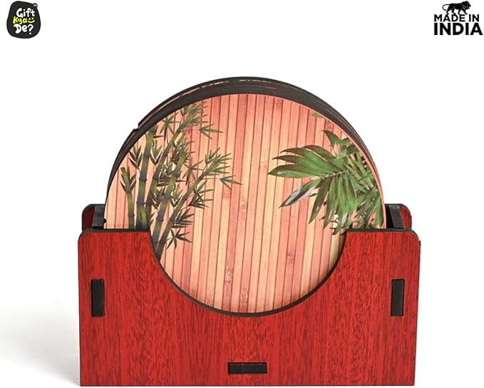 GKD Wooden Coasters for Drinks, MDF Wooden Coasters Set of 6 with Holder, 3.5 inches Eco-Friendly Absorbent Coaster for Coffee Table, Office, Bar, Drinking Glasses, Tabletop Protection