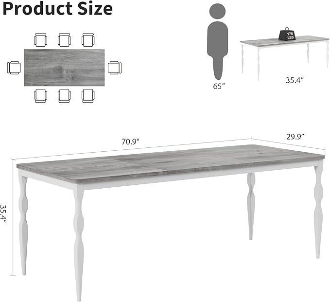 Rectangular Dining Table for 6, 71 Inch Rustic Farmhouse Kitchen Table with Large Tabletop, Long Wooden Dining Room Table with Heavy Duty Legs, Dinette and Dinner Desk for Party, Big Family, Grey