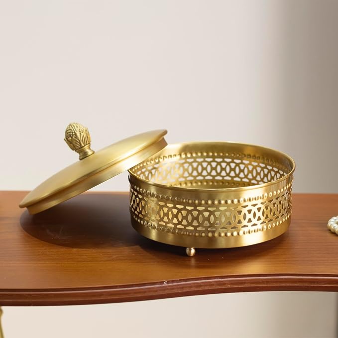 Gold Brass Decorative Boxes With Strawberry shape Handles, Jewelry Boxes Modern Storage Boxes,Round Hammered Metal Container, Brass Finish