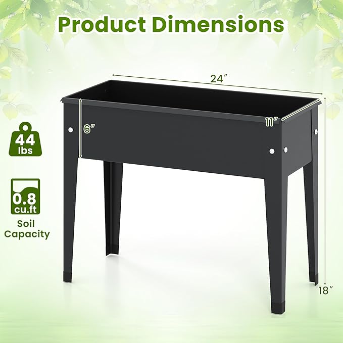 HAPPYGRILL Raised Garden Bed, Metal Elevated Planter Box w/Legs, Drainage Holes for Growing Vegetables Fruits Flowers, Indoor Outdoor Standing Plant Container for Backyard Patio (24”x11”x18”)
