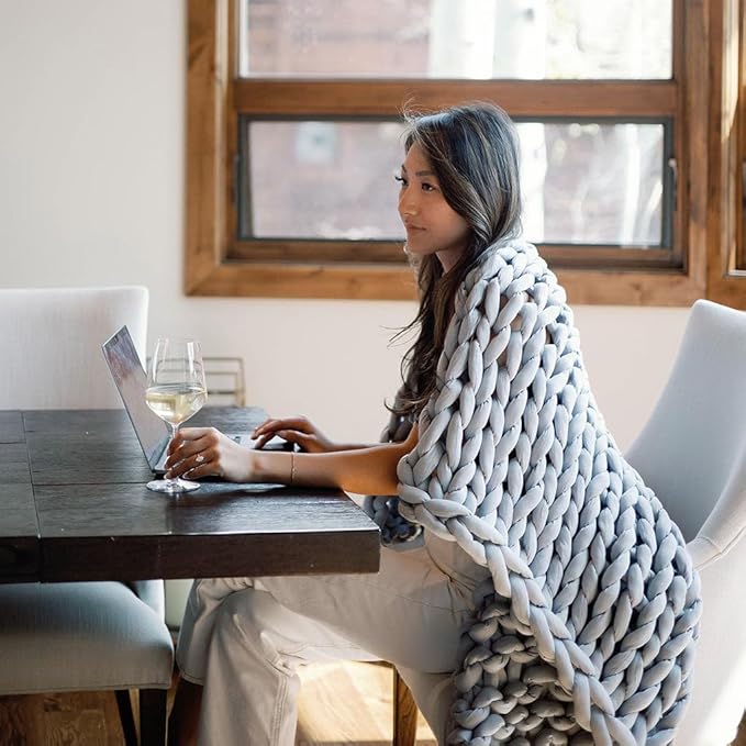 Nuzzie Chunky Knit Blanket - Breathable, Cooling, Hand Made Knit Throw Blanket for Sleep - Machine Washable, Stylish Decor Design (Misty Grey, Full | 16lbs | 48"x72")
