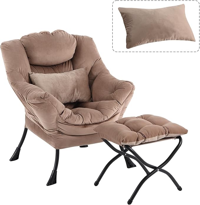 Lazy Chair with Ottoman, Modern Accent Chair with Lumbar Pillow, Comfy Chairs with Folding Footrest for Bedroom, Reading, Oversized Supportive Lounge Chairs(Velvet Khaki)