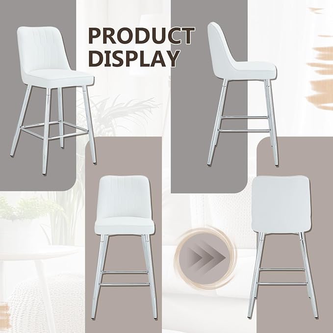 Counter Height Bar Stools Set of 2,White Bar Stools with Back,27" Upholstered Counter Height Bar Stool with Sturdy Silver Chrome Footrest,Modern Kitchen Island Chairs for Home Pub Bar