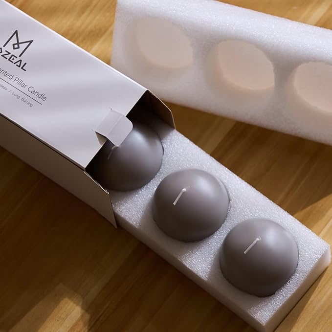 MOZEAL Hand-Poured, 3 Inch Gray Round Ball Candles - Elegant Gray Round Pillar Candles Set of 3, Dripless, Unscented, Smokeless, Ideal for Modern Home Decor.