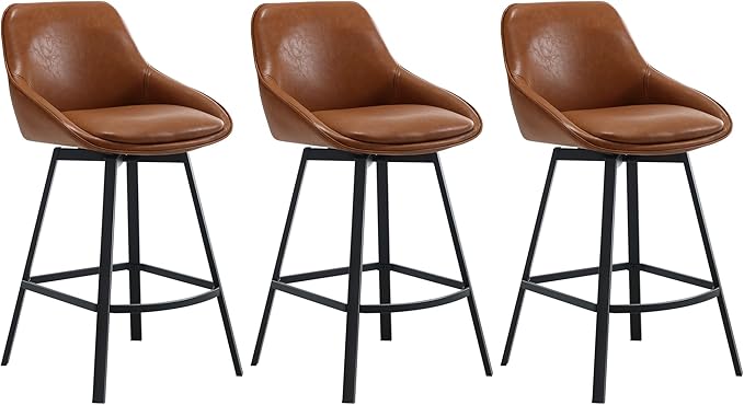 Zesthouse Swivel Counter Height Stools Set of 3, Modern Upholstered Barstools with Backs, 26'' Faux Leather High Chairs for Island Kitchen, Counter Height Chairs with Metal Legs, Brown