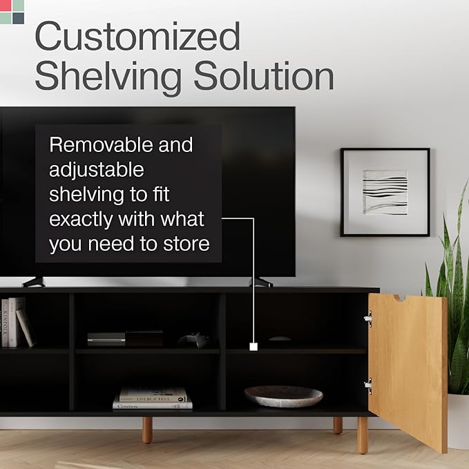 Modern Fluted TV Stand & Media Console - 70-Inch, Fluted Black & Oak - Entertainment Center for 32-80-Inch Screens with Soft-Close Doors & Cord Management