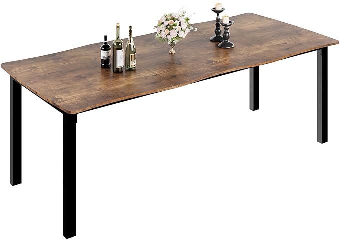 78.7”Dining Table with Wave Irregular Edge, 15mm Thick MDF Top & Metal Frame, for Kitchen, Quick Assembly, Wooden Kitchen Table for 6-8, Retro Brown