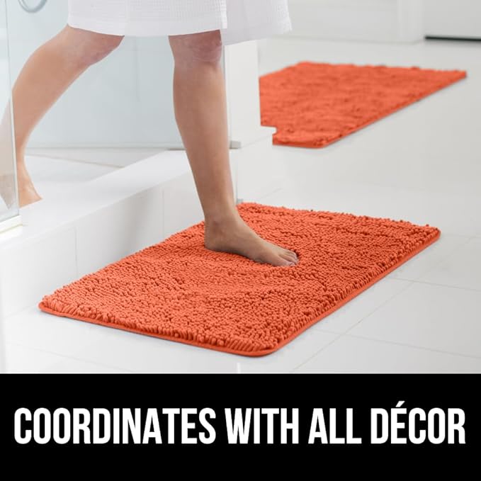 GORILLA GRIP Bath Rug Mat, Thick Soft Absorbent Chenille, Quick Dry Microfiber Mats, Rubber Backing Washable Shower Floor Rugs, Bathmat Runner, US Designed Bathroom Home Decor Accessories 24x17, Coral