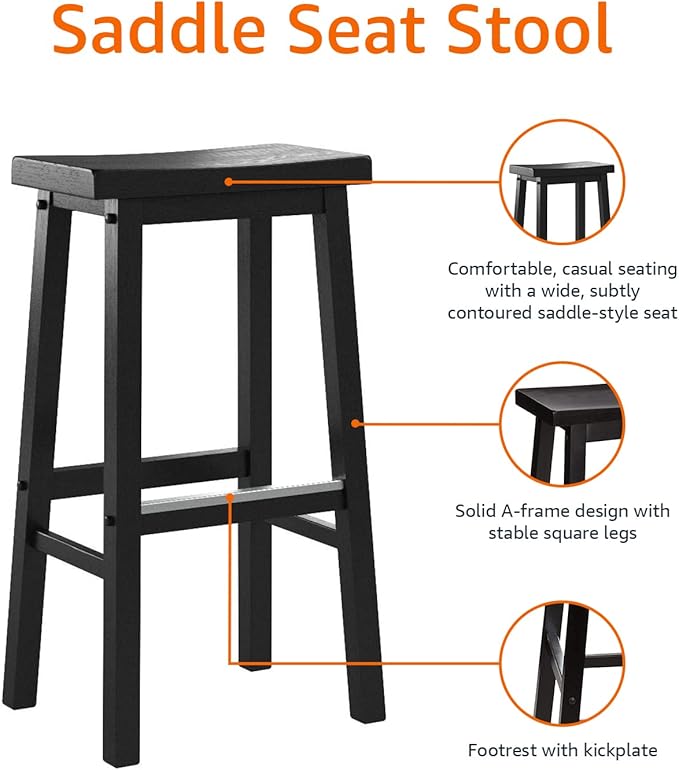 Amazon Basics Solid Wood Saddle-Seat Kitchen Counter Barstool with Footrest, Easy Assembly - 29-Inch Height - Black - Set of 2