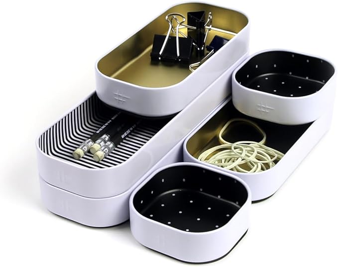 Three by Three Seattle 6 Piece Shallow Metal Organizer Tray Set for Storing Makeup, Stationery, Utensils, and More in Office Desk, Kitchen and Bathroom Drawers (1 Inch, Gold Dots and Stripes)