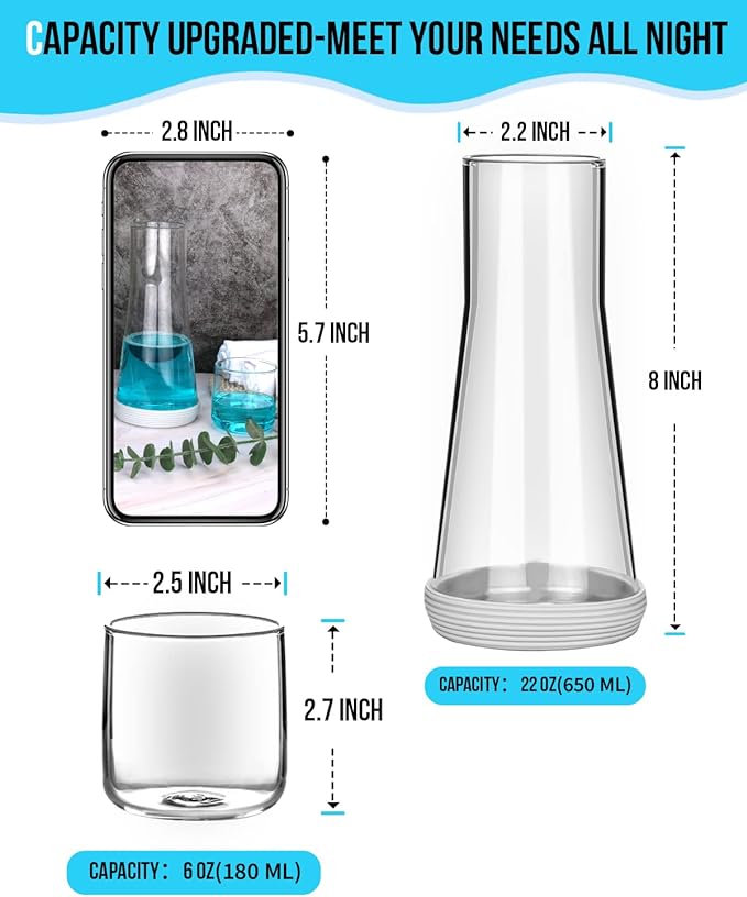 Bedside Night Water Carafe Set with Tumbler Glass, Clear Nightstand Carafe with Silicone Coaster for Bedroom and Guest Room, Glass Mouthwash Decanter for Bathroom (22 OZ)
