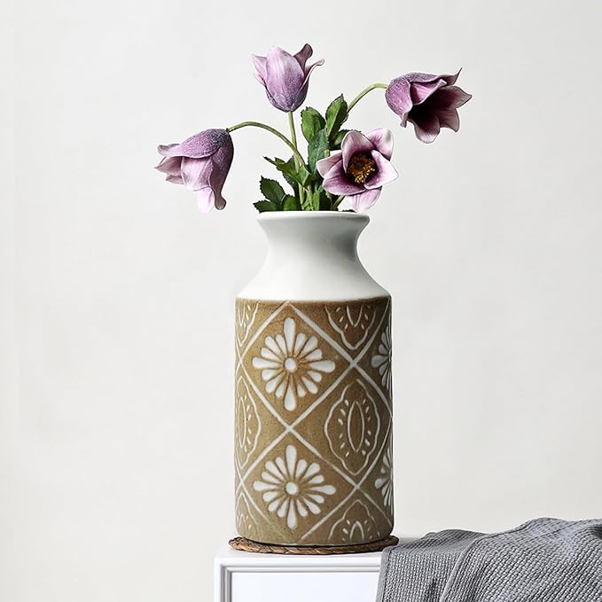 Rustic Ceramic Vase Set of 2 for Living Room Bedroom 11.02'' and 9.05'' Large Unique Flower Vases for Home Decor Office Centerpieces Fireplace Vintage Antique Farmhouse Modern Gift for Plant