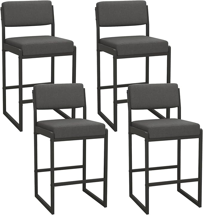 Mid Century Modern Counter Height Bar Stools Set of 3, 26" Bar Height Chairs with Backs, Upholstered Counter Stools, Metal Barstools for Kitchen Island (Darkgray- Fabric, 26" H - Set of 4)