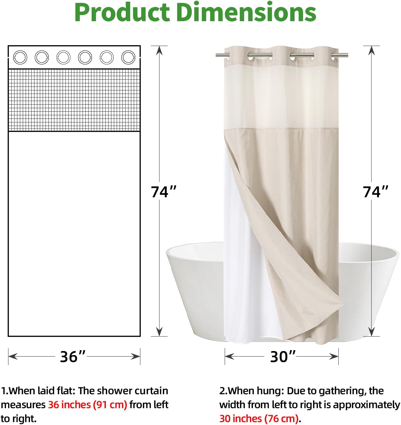 Stall No Hooks Needed Linen Textured Shower Curtain with Snap-in Fabric Liner Set,Hotel Luxury Decor Shower Curtains for Bathroom with Mesh Top Window,Waterproof & Washable,36Wx74H,Cream