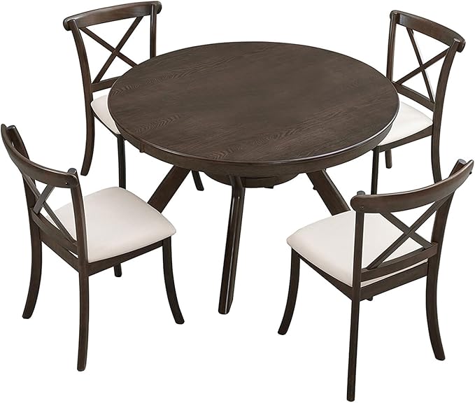 NicBex 47.24" Rubber Wood Round Dining Table for 4-6 People, Mid-Century Kitchen and Dining Table with Wooden Trestle Base, Rustic Brown Solid Wood and MDF Table for Dining Room or Living Room Brown